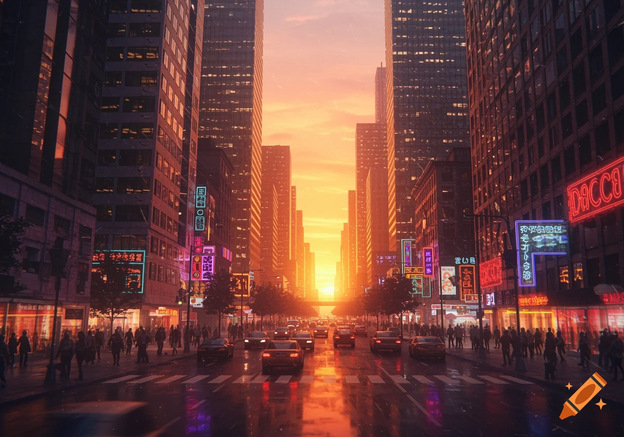 A vibrant city street at sunset, with tall skyscrapers towering over a bustling street filled with people and cars, illuminated by bright neon signs reflecting on the wet pavement.