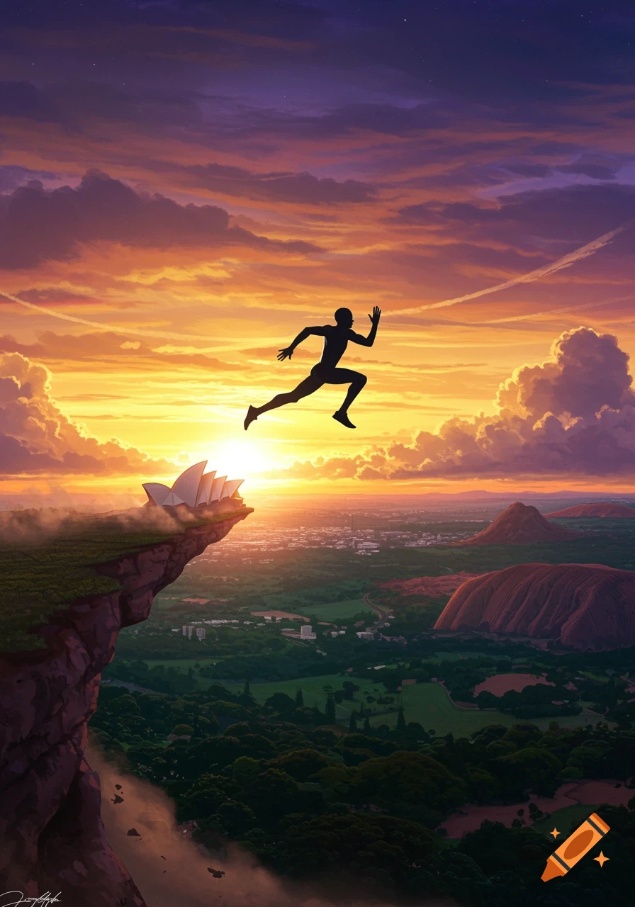A silhouette of a runner jumps over a cliff with the Sydney Opera House, mountains, and a city below at sunset.