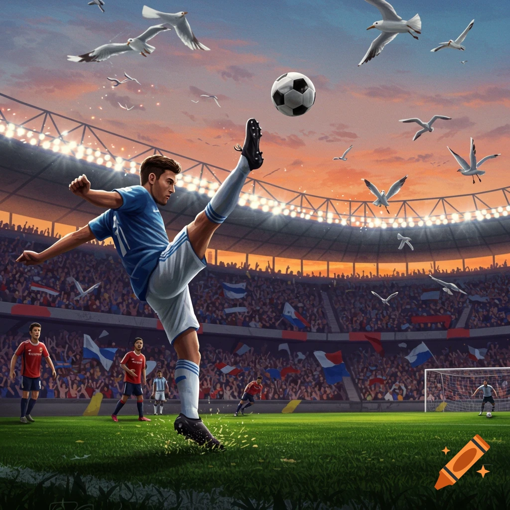 A soccer player kicks a ball in a brightly lit stadium with a large crowd and birds flying in the sky at sunset.