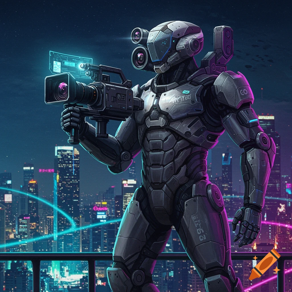 A futuristic robot cameraman stands on a rooftop overlooking a neon-lit cyberpunk city at night.