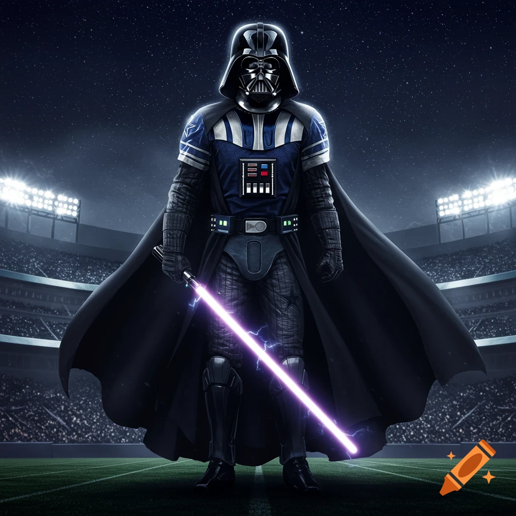 Photorealistic Darth Vader in Dallas Cowboys armor stands on a football field at night with a purple lightsaber.