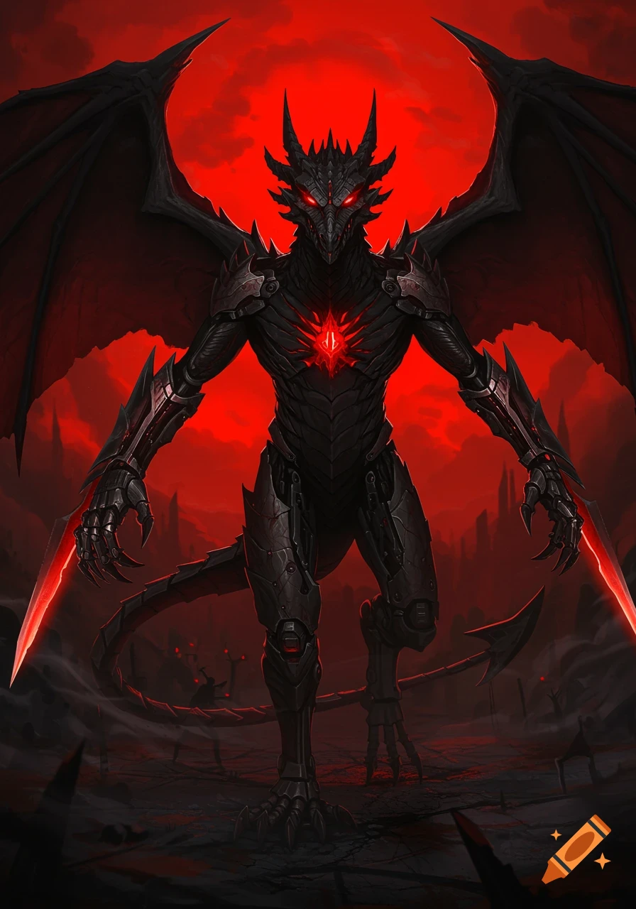 A menacing black cyborg dragon with glowing red eyes and core, sharp blades, standing against a blood-red sky in a dark, crumbling landscape.