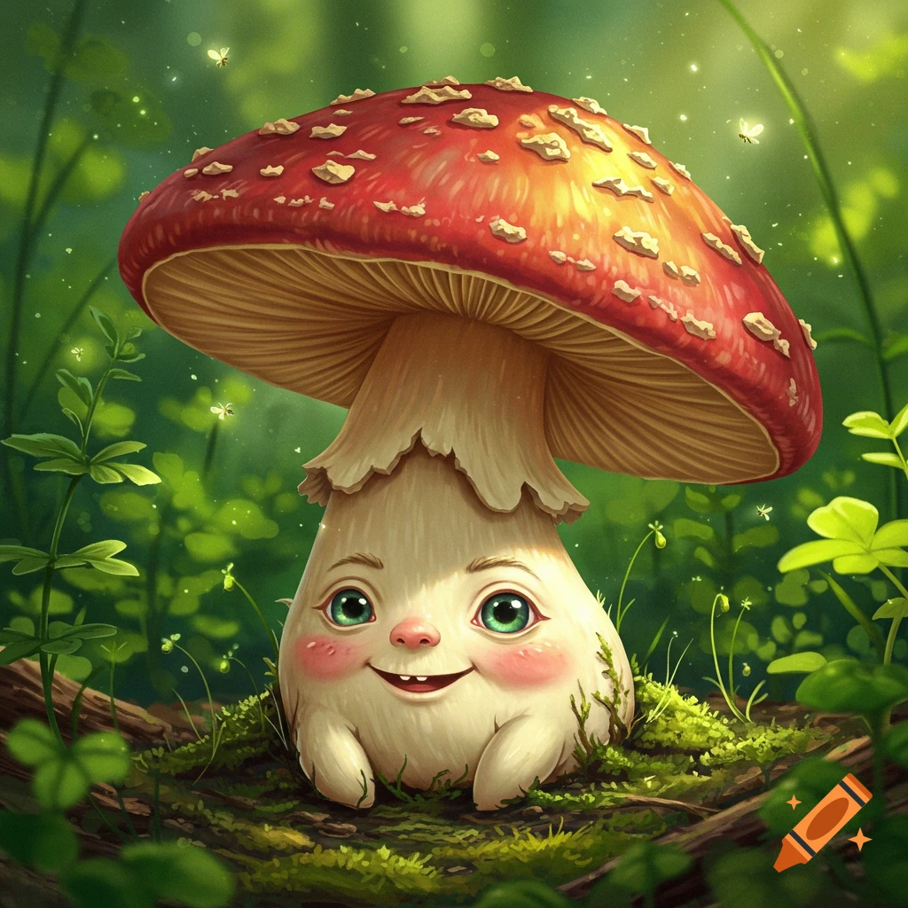A cute, smiling mushroom with a red cap and green eyes sits on a mossy forest floor among green plants and glowing fireflies.