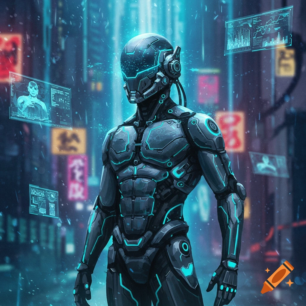 A dark futuristic robot with glowing blue lines stands in a neon-lit cyber city, surrounded by holographic data screens.