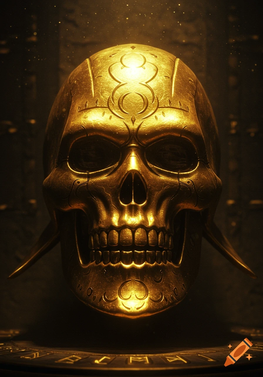 A highly detailed, ornate golden metallic skull glowing against a dark background, with stylized symbols etched onto its surface.