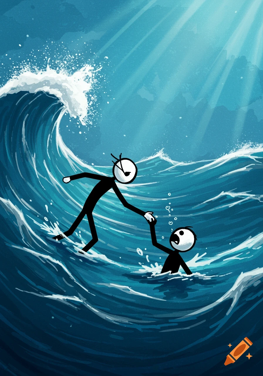 A stick figure in a large blue ocean wave reaches to rescue another drowning stick figure. Cartoon style.