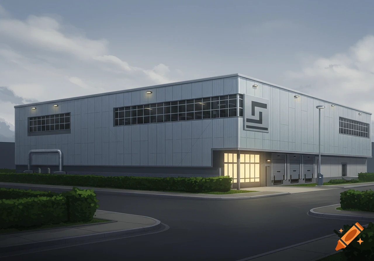 A 2D illustrated view of a modern industrial warehouse with loading docks, green landscaping, and a cloudy sky.