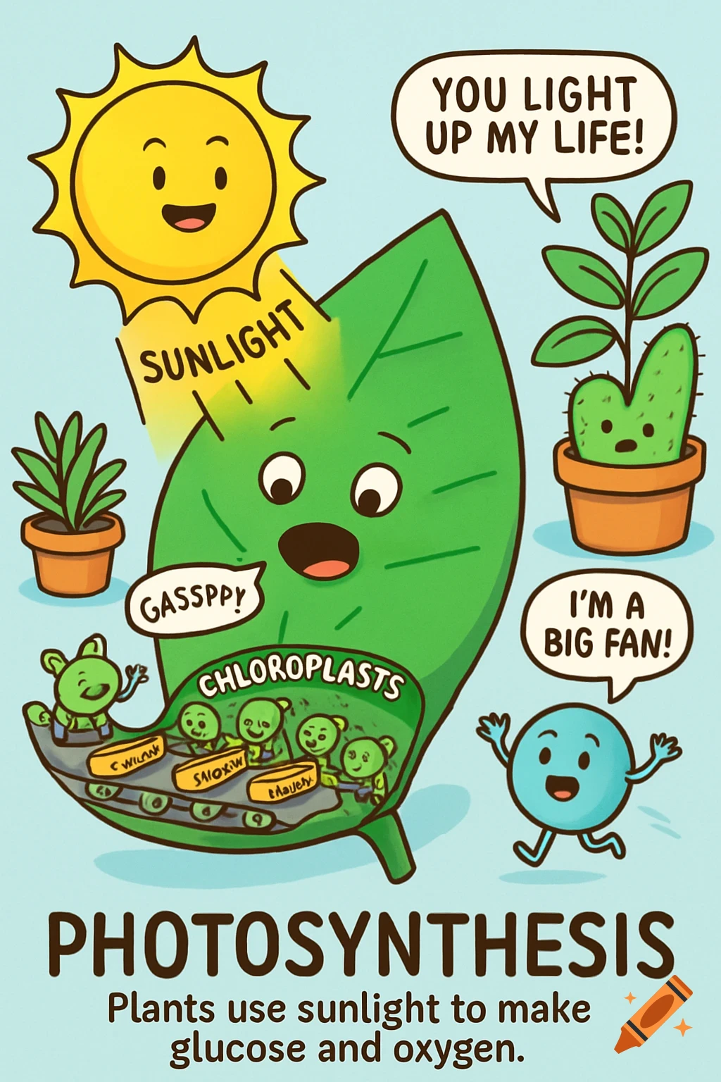 A cartoon illustration explaining photosynthesis. A smiling sun shines light onto a large green leaf with a surprised face. Inside the leaf, small green chloroplasts are on a conveyor belt processing substances. Other cartoon plants and a blue orb character are present. Text on the image includes "SUNLIGHT", "PHOTOSYNTHESIS", and "Plants use sunlight to make glucose and oxygen."