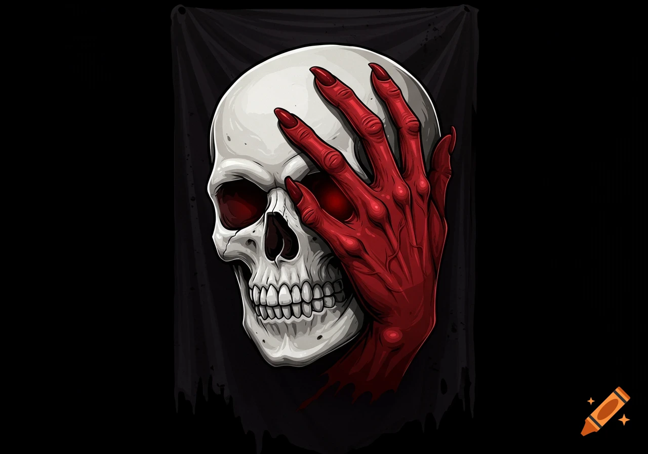 A white skull with red eye sockets and a red, clawed hand covering part of its face, set against a dark, tattered banner.