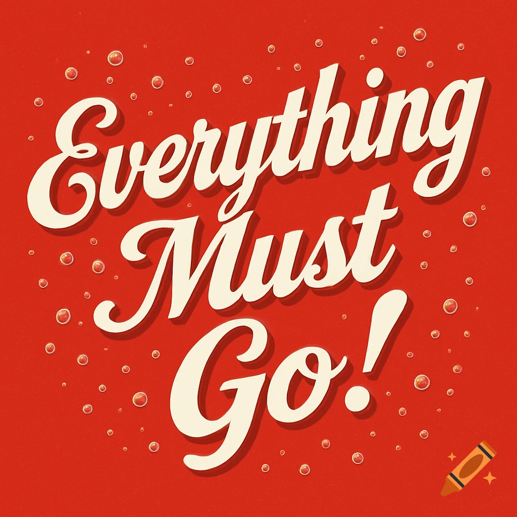 Red background with white, stylized cursive text reading 'Everything Must Go!' and small reflective bubbles.