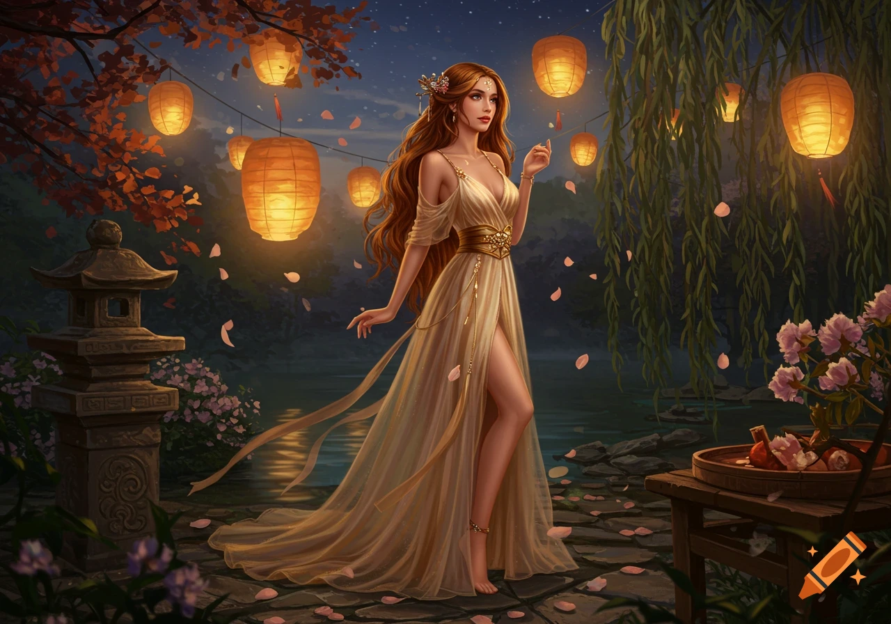 A fantasy illustration of a beautiful woman in a flowing golden dress, standing among glowing lanterns and falling petals at night.