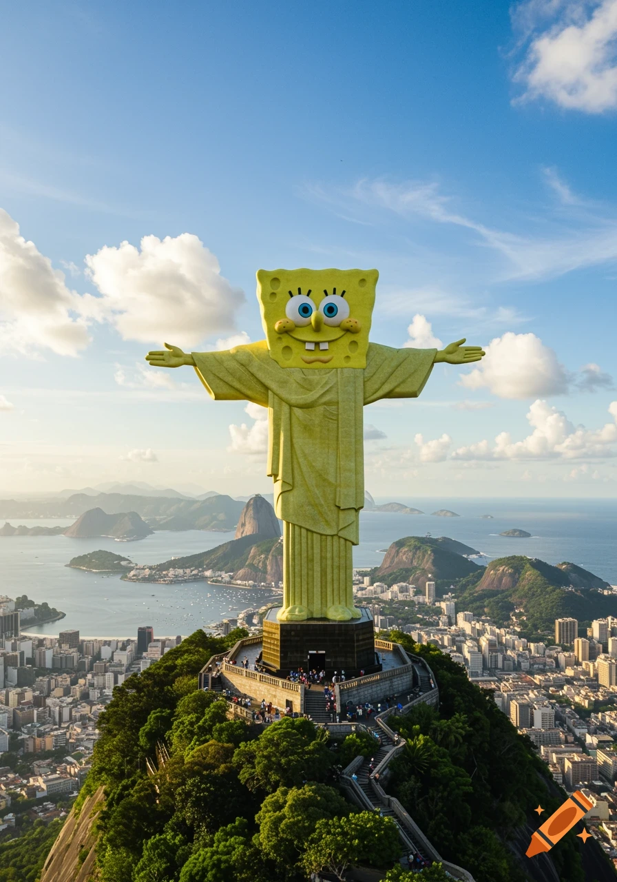 A SpongeBob SquarePants statue replaces Christ the Redeemer, overlooking Rio de Janeiro city, mountains, and sea under a blue sky.
