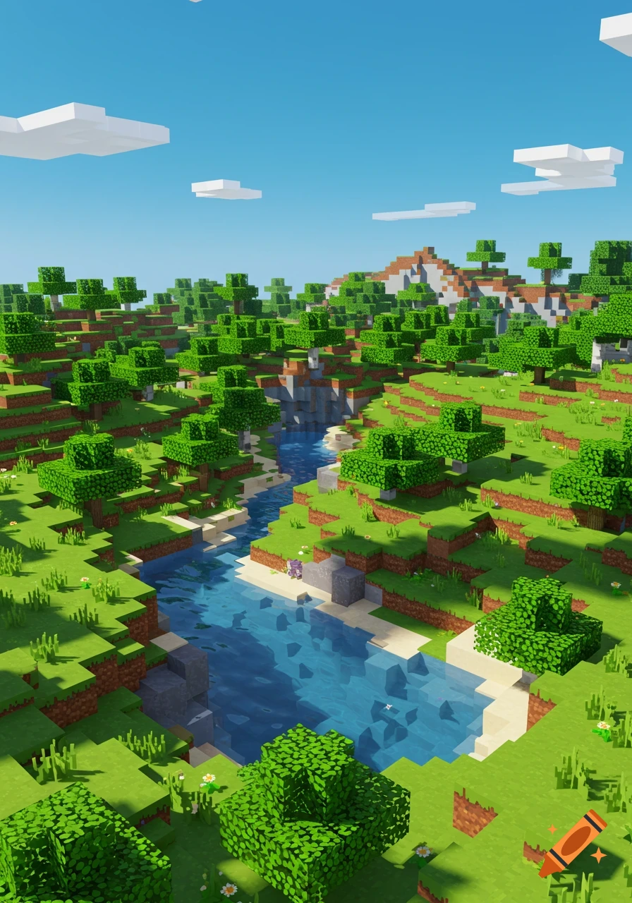 A blocky Minecraft-style landscape with a river flowing through green hills and trees under a blue sky.