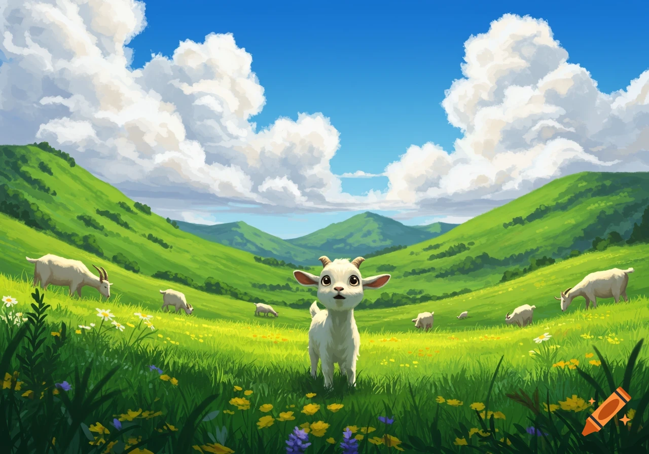 A cute baby goat stands in a vibrant green valley, surrounded by other goats grazing, under a bright blue sky with fluffy clouds. Cartoon style.