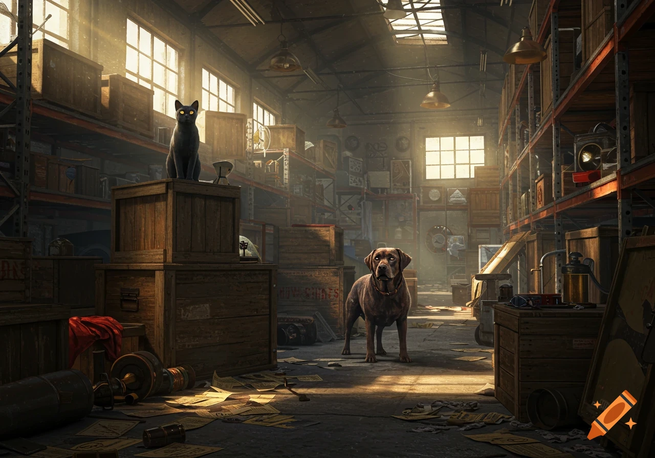 A black cat sits on wooden crates while a brown dog stands on the floor in a cluttered, sunlit warehouse.
