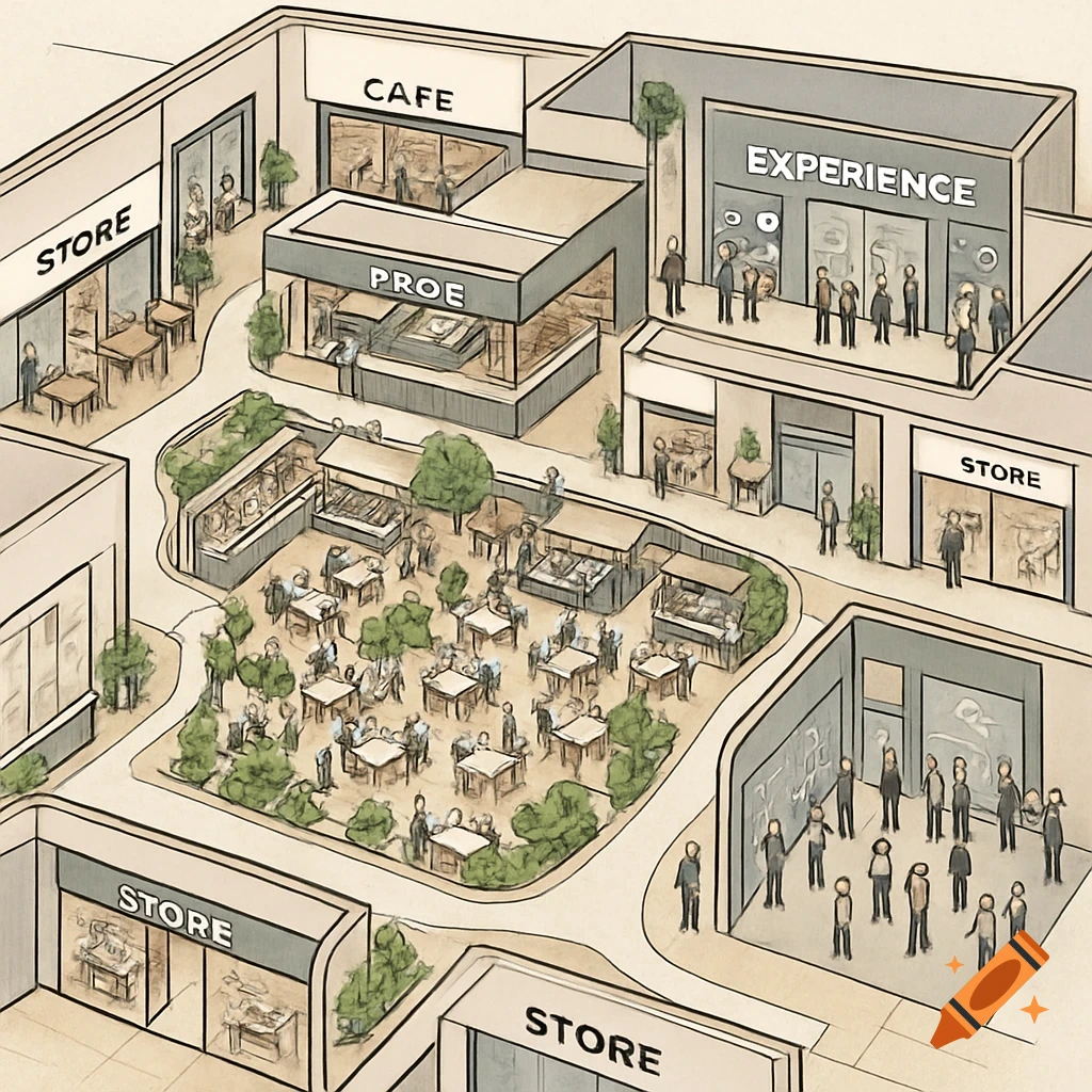 Isometric illustration of a bustling shopping mall layout featuring a food court, cafes, and various stores.
