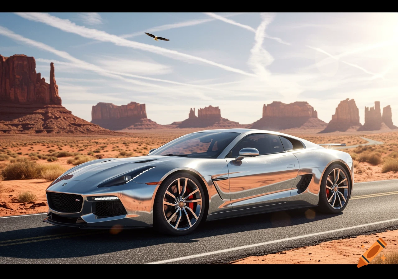 A shiny silver sports car drives on a desert road with large red rock formations and an eagle flying in the sunny sky.