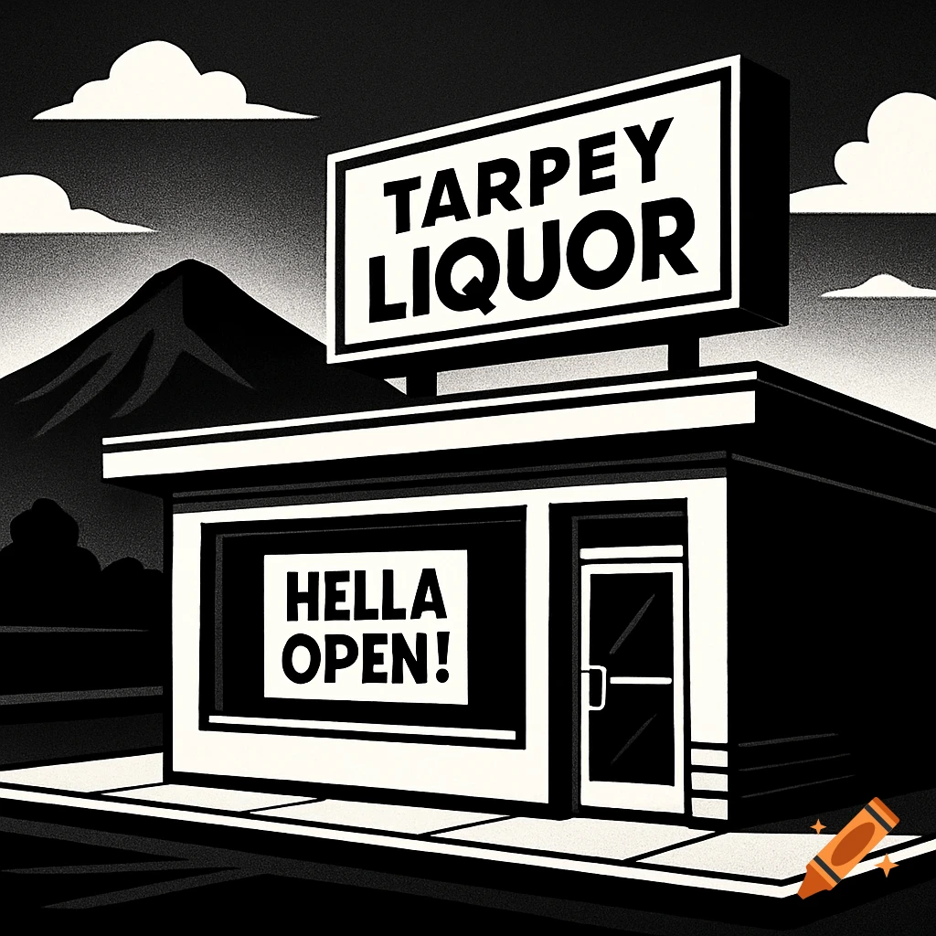 Black and white stylized illustration of Tarpey Liquor store with a "Hella Open!" sign and mountains in the background.