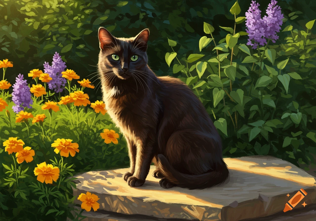 A black cat with green eyes sits on a stone in a vibrant garden, surrounded by orange and purple flowers in a painterly style.