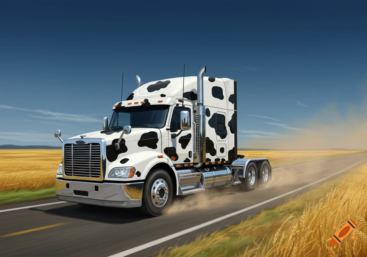 A semi-truck wrapped in a black and white cow print drives on a road through golden fields under a blue sky.