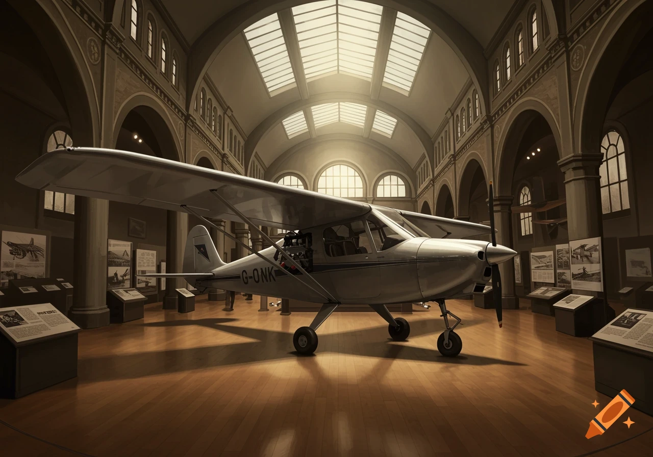 A photorealistic depiction of a white single-engine aircraft displayed in a large museum hall with arched windows and skylights.