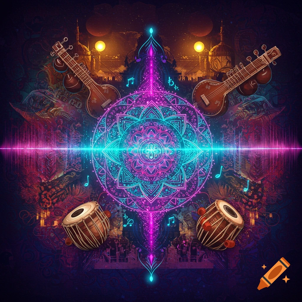 Vibrant album cover with a neon mandala, sitars, tablas, and sound waves, against a dark cityscape.