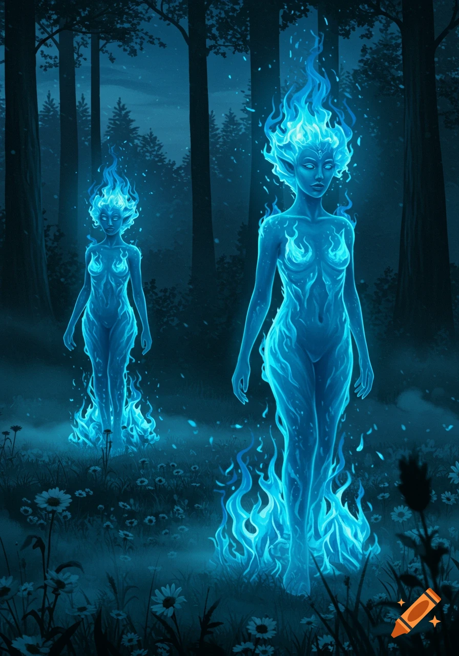 Two ethereal blue flame women stand in a dark, mystical forest with white flowers on the ground.