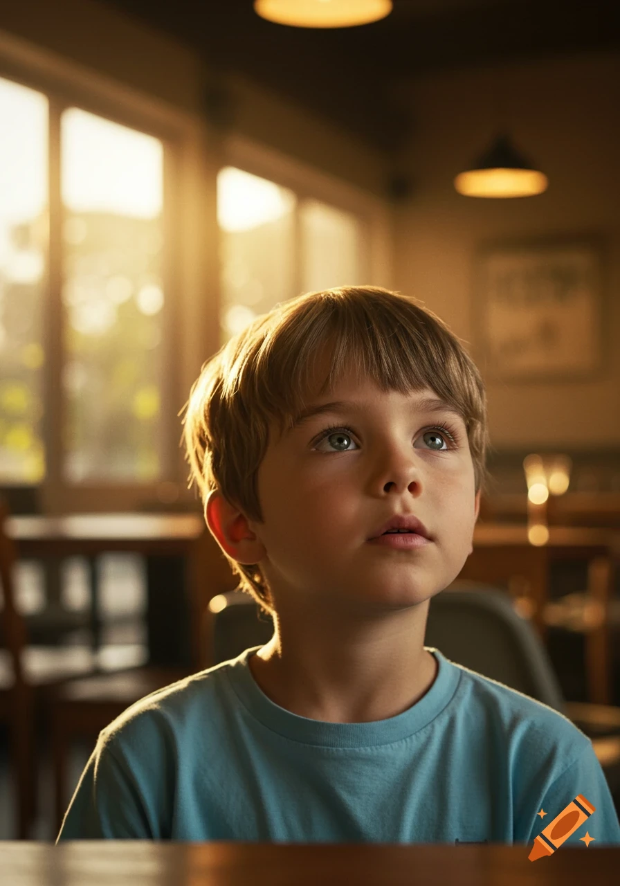 Photorealistic portrait of a young boy with blue eyes looking up in a sunlit coffee shop.