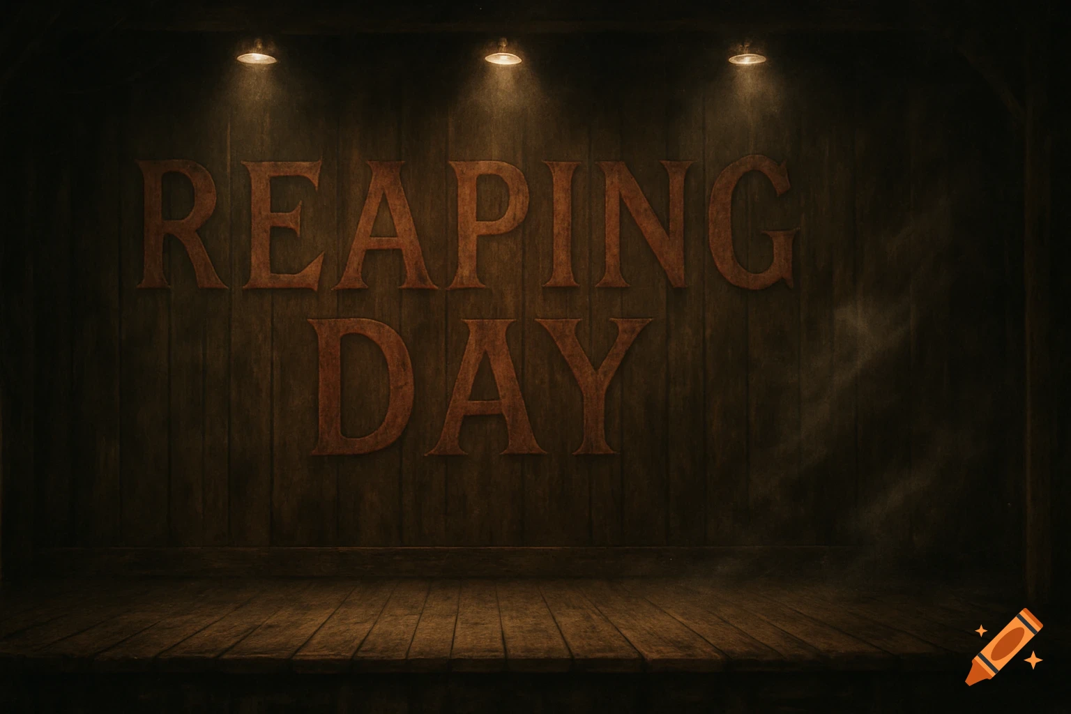 A dark wooden stage with the words "REAPING DAY" in large, embossed letters on the back wall, illuminated by three spotlights.