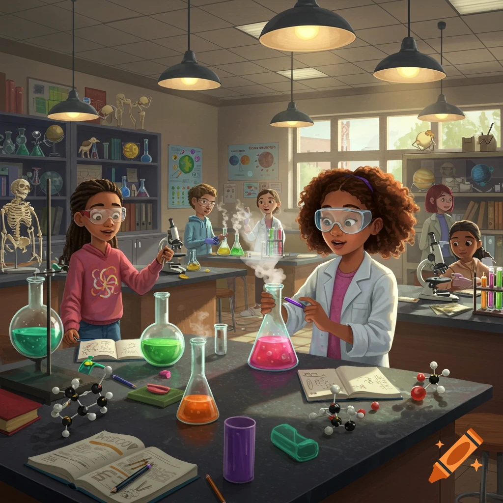 A diverse group of middle school children conduct experiments in a bright science classroom filled with beakers, microscopes, and charts.