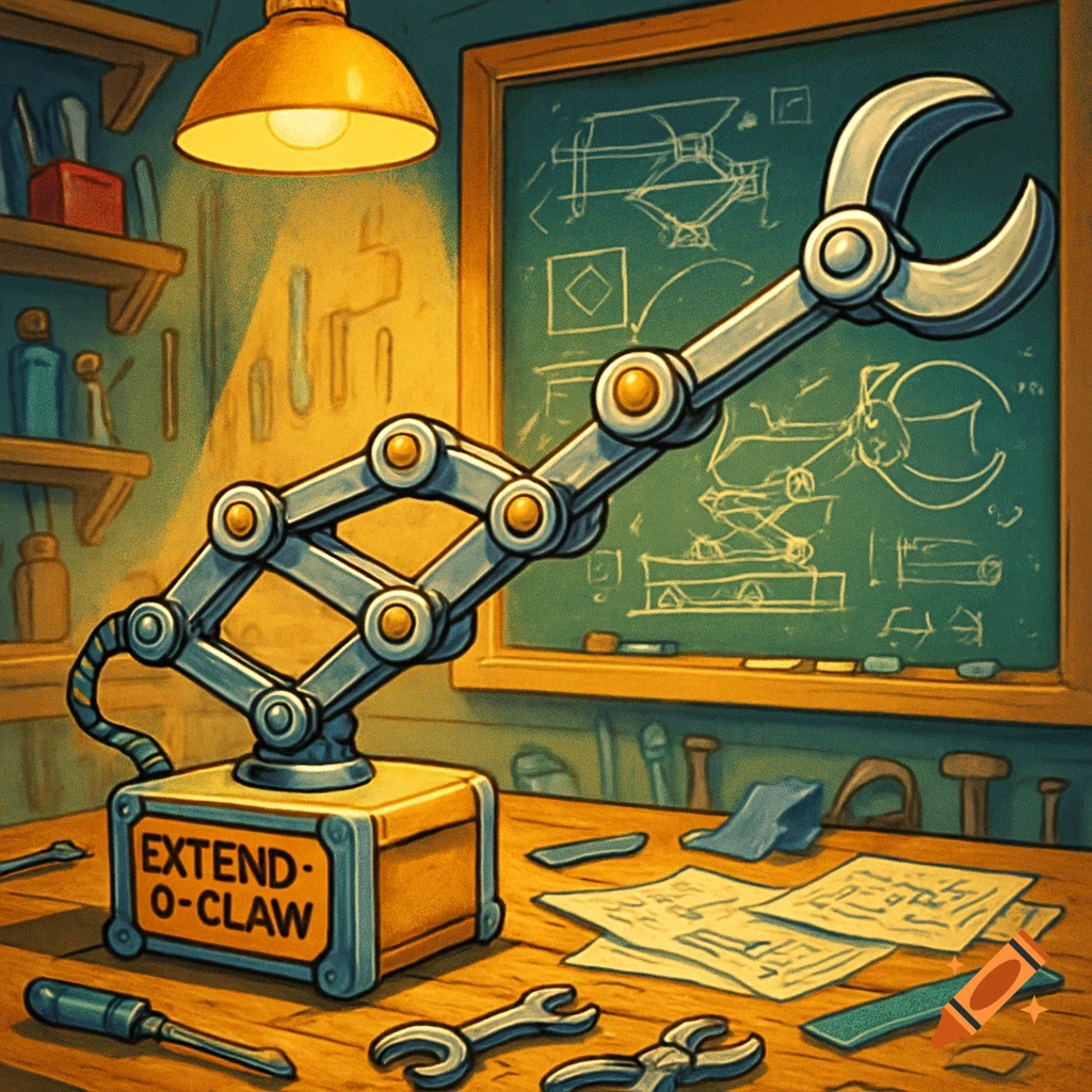 A cartoon illustration of an Extend-O-Claw gadget on a workbench with tools and a chalkboard.