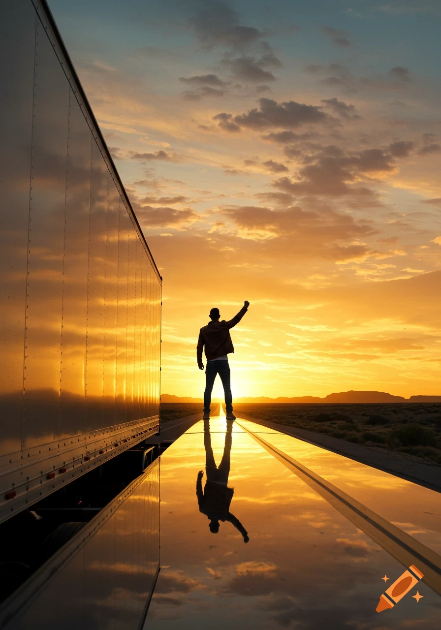 A silhouetted person stands triumphantly on top of a semi-truck trailer at sunset, with a golden sky reflected on the trailer's surface.