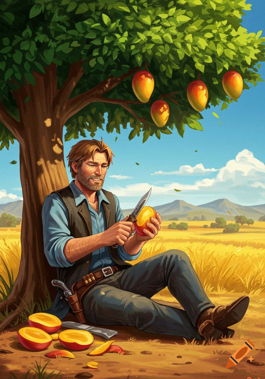 A man sits under a mango tree, peeling a mango with a knife. Several peeled mangoes lie on the ground in a sunny field.