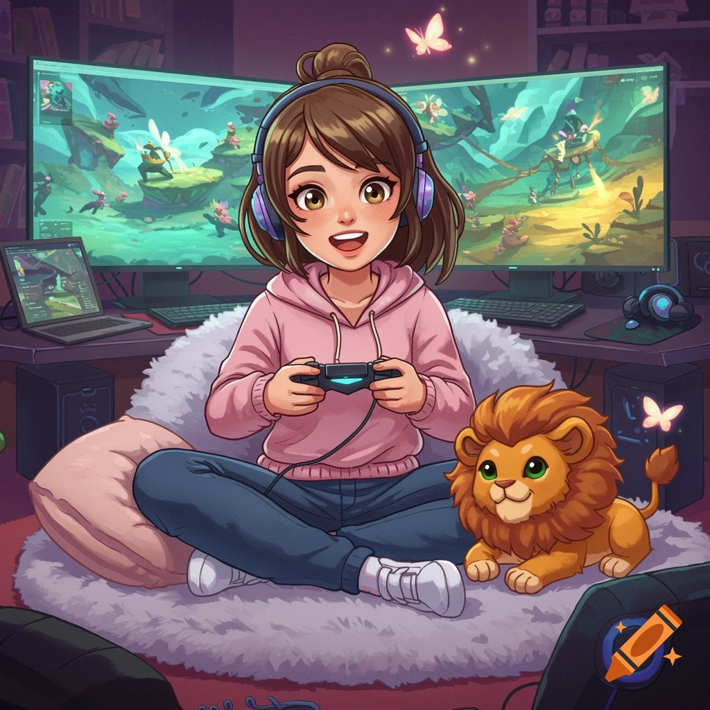 A cartoon gamer girl with brown hair and headphones sits cross-legged on a fluffy rug, playing a video game on two large monitors, with a cute pet lion beside her.
