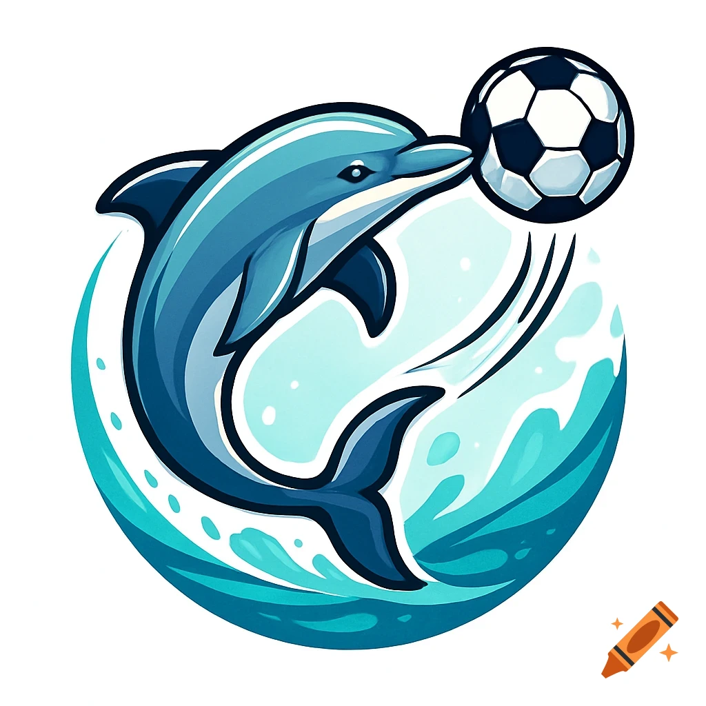 A stylized cartoon logo of a blue dolphin hitting a black and white soccer ball with its nose, set against a circular splash of blue water.