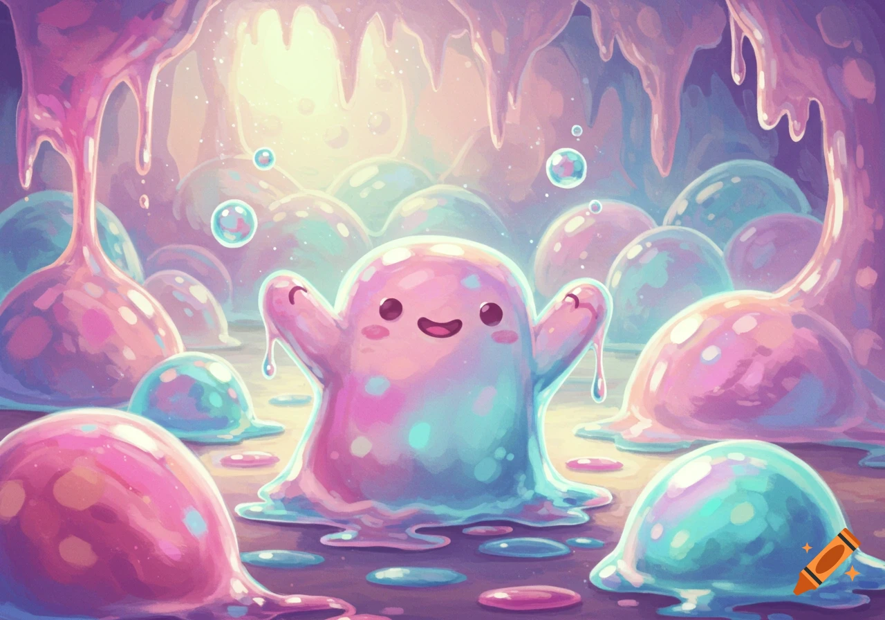 A cute, pastel-colored slime creature with a happy face, arms raised, in a gooey cave with colorful slime formations and bubbles.