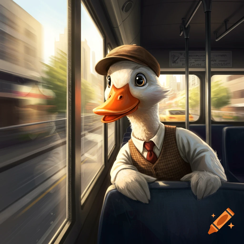 A humanized duck in a hat and vest looks out the window of a moving bus in a city.