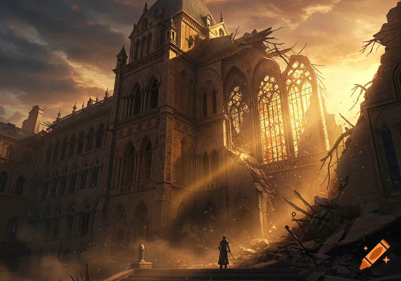 A lone figure stands before a grand, gothic-style building crumbling under a dramatic sunset, evoking a post-apocalyptic scene.