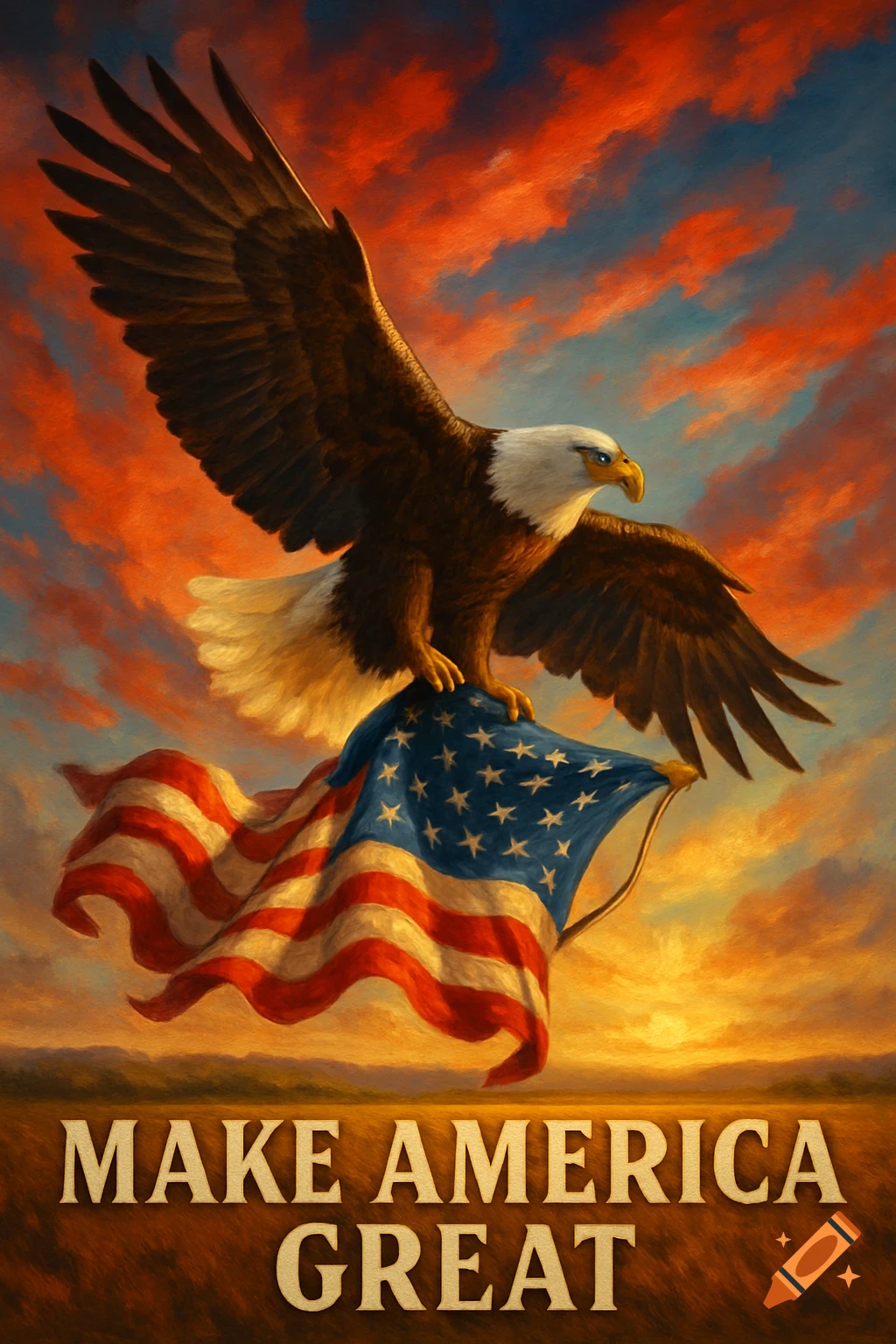 A majestic bald eagle stands on an American flag with spread wings against a vibrant sunset sky. The words 'MAKE AMERICA GREAT' are at the bottom.
