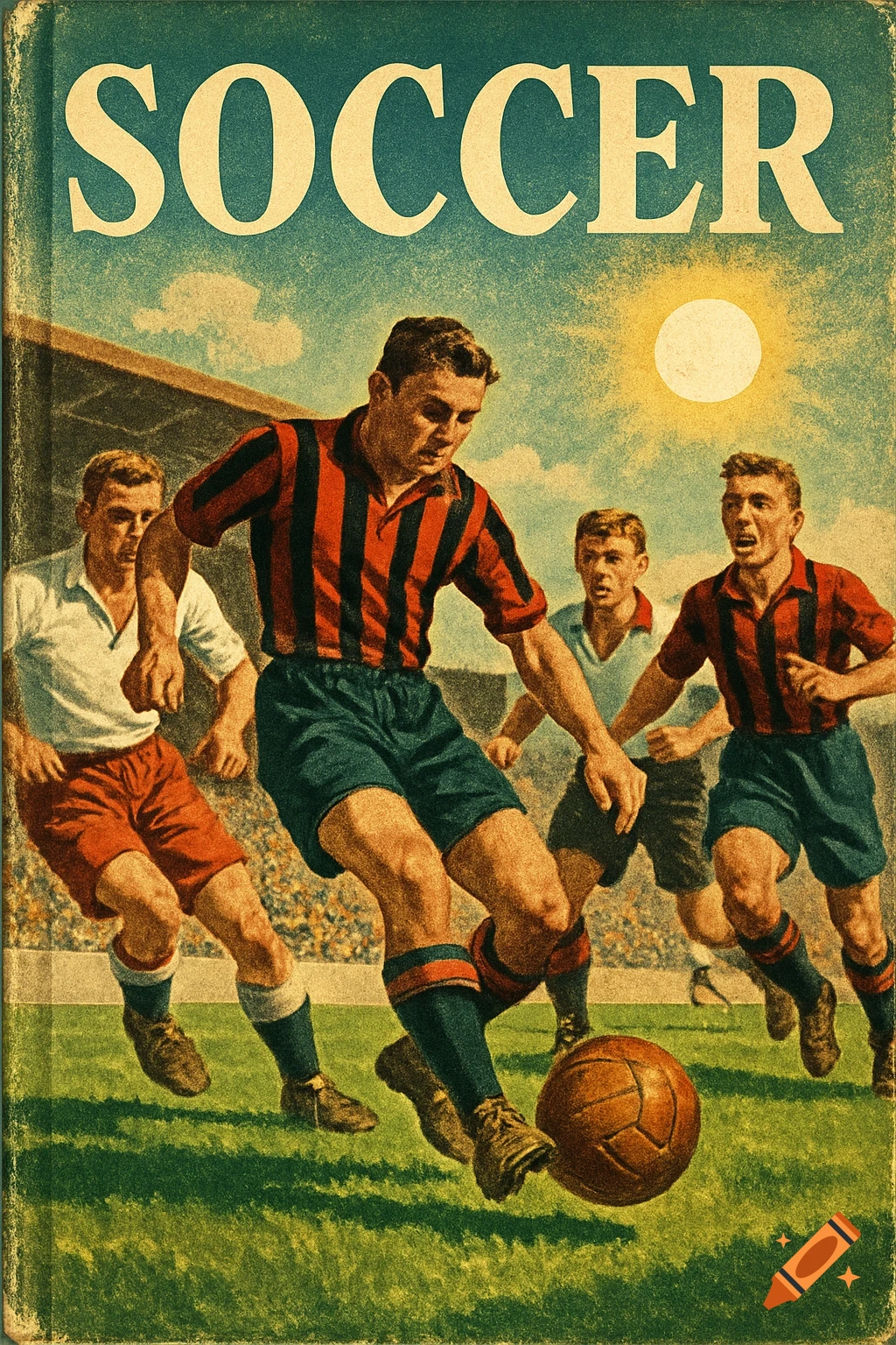 Vintage illustration of soccer players on a field, designed as a 1950s book cover with 'SOCCER' text.