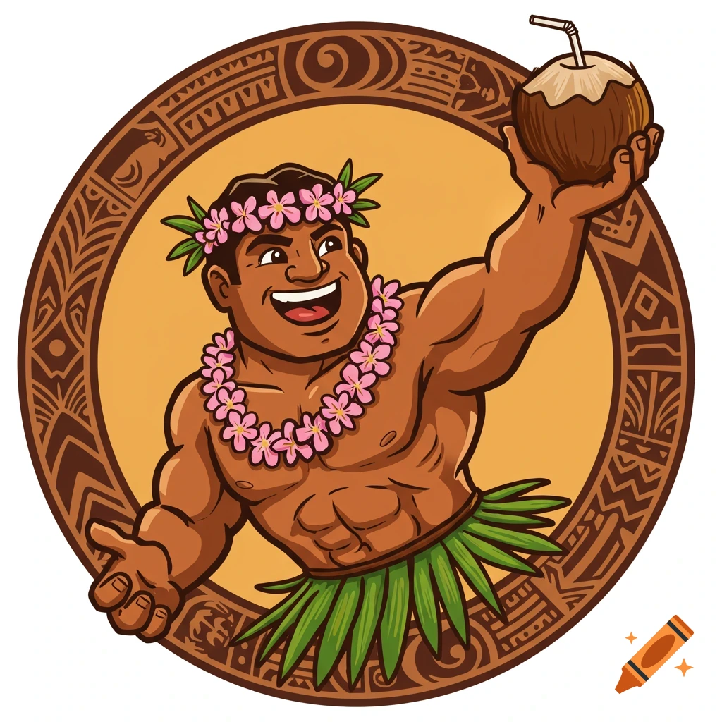 Cartoon Polynesian man in a lei and hula skirt, holding a coconut drink, in a tribal-patterned circular logo.