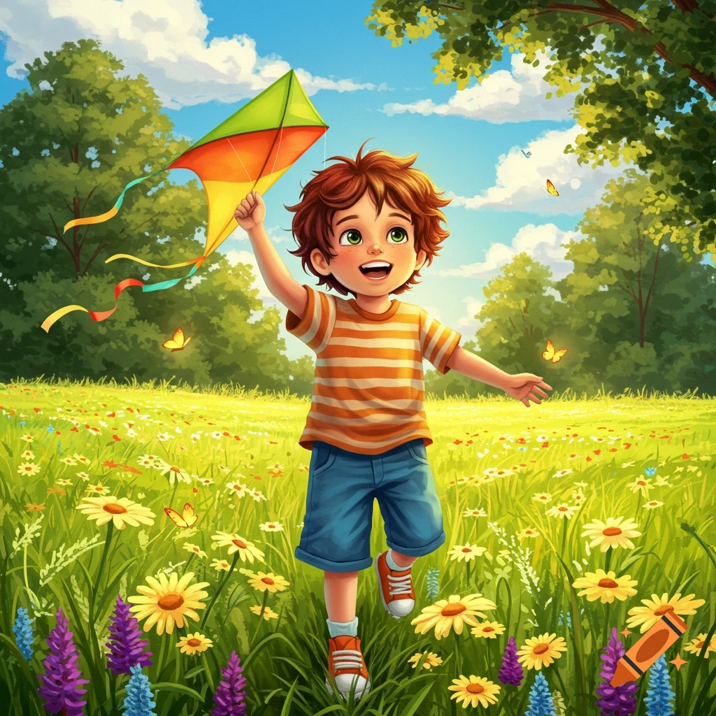 A happy cartoon boy with red hair holds a colorful kite and runs through a bright green field filled with yellow and purple flowers under a blue sky.