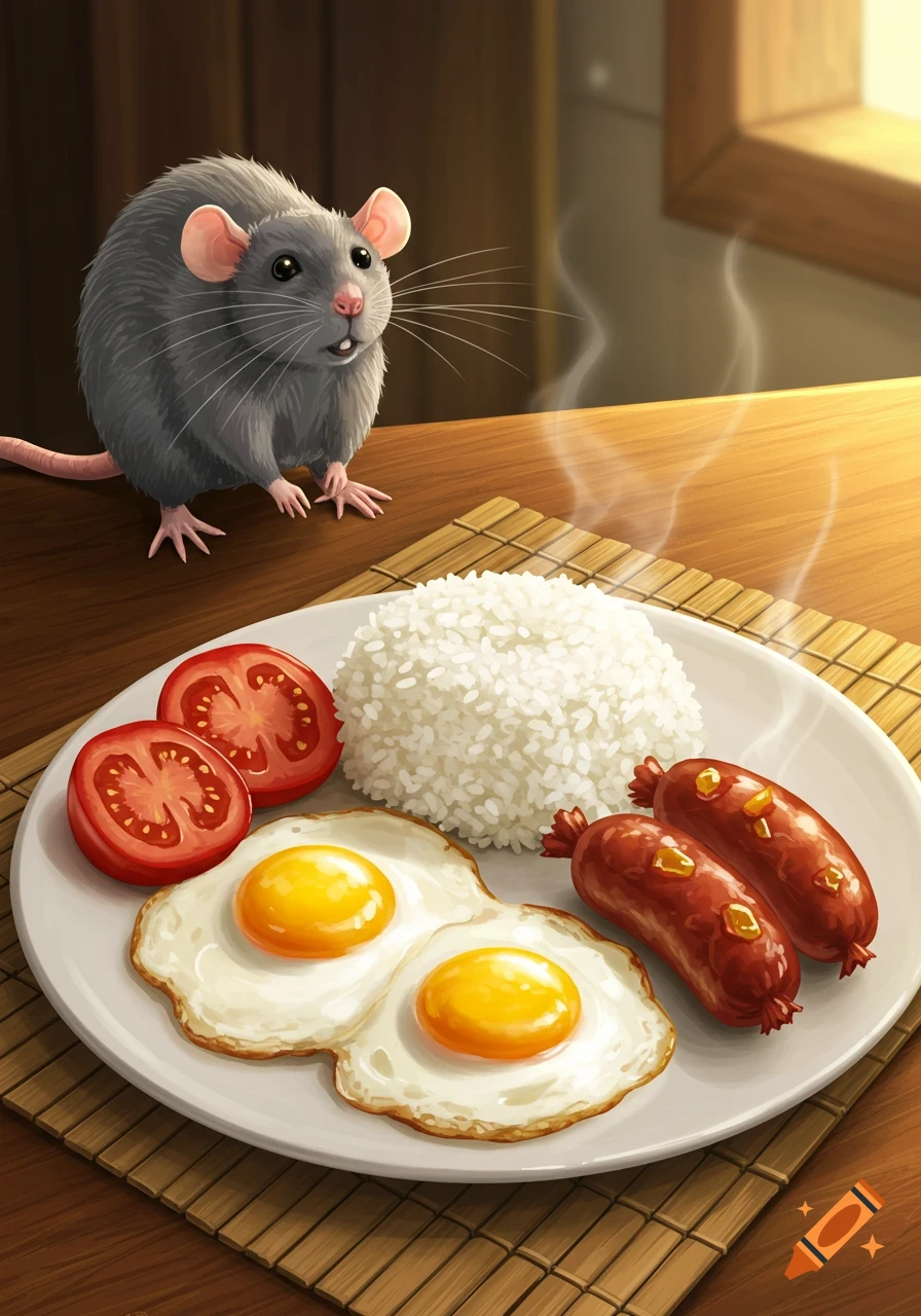 A cute grey rat looks at a plate with rice, fried eggs, tomatoes, and sausages on a wooden table. Stylized art.