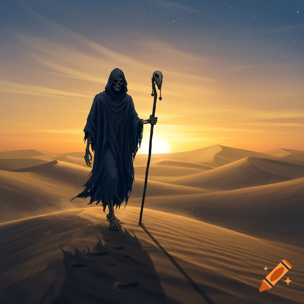 A cloaked skeleton walks through a desert at sunset, holding a staff. Digital art.