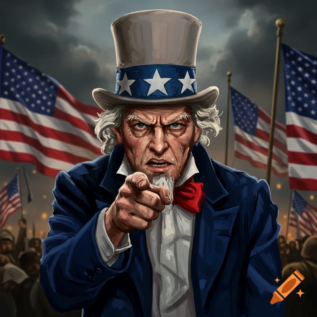 Illustration of an angry Uncle Sam pointing forward, with American flags and a crowd in the background.
