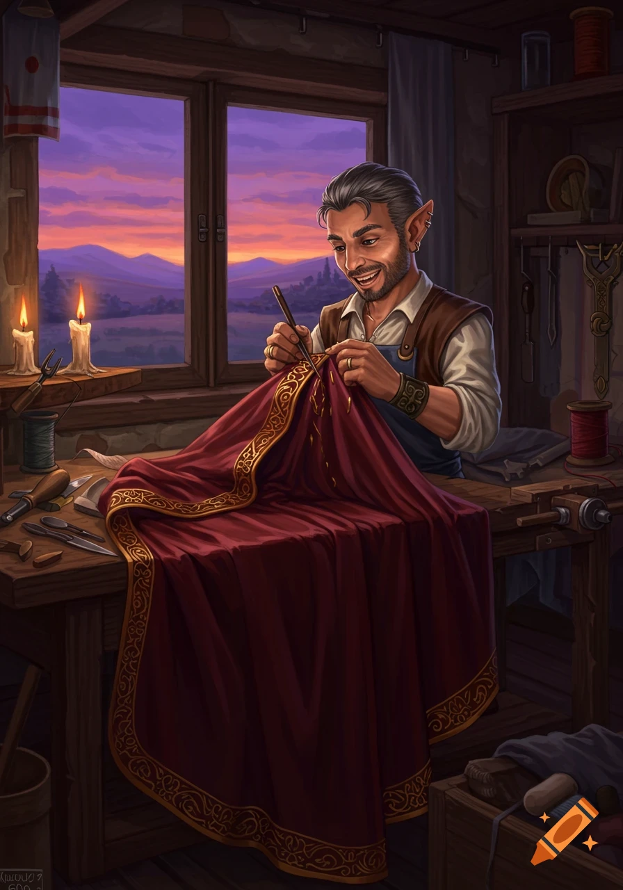 A smiling elf-like man with pointed ears and a beard intently sews golden embroidery onto a red cape in a cozy workshop at sunset.