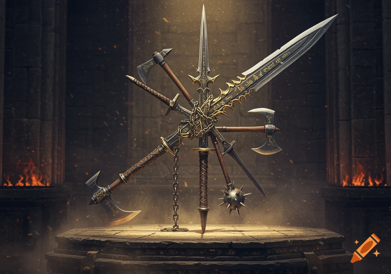 A central, fused weapon consisting of swords, axes, a mace, and a spear, standing upright on a stone pedestal in a dark, ancient hall with glowing embers.