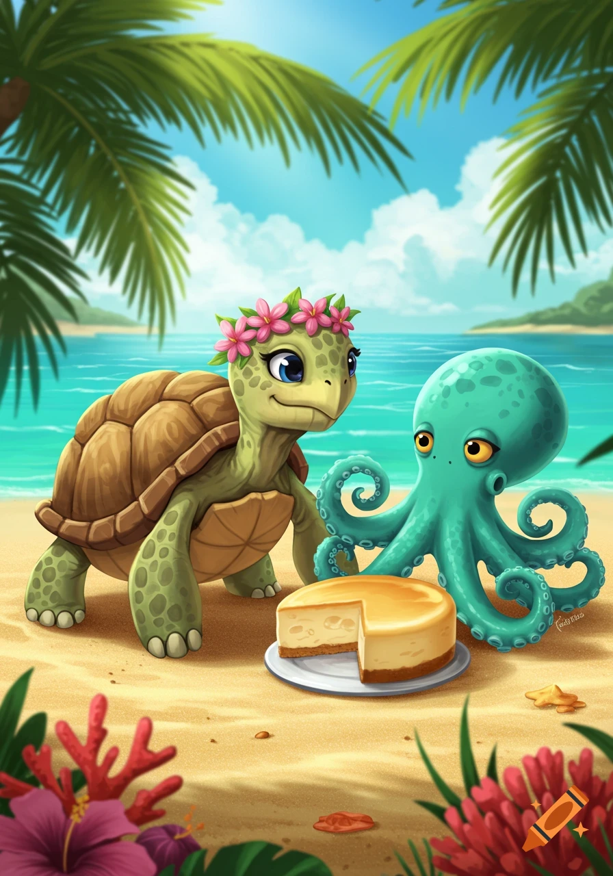 A cute cartoon turtle with a flower crown and a teal octopus next to a cheesecake on a tropical beach.