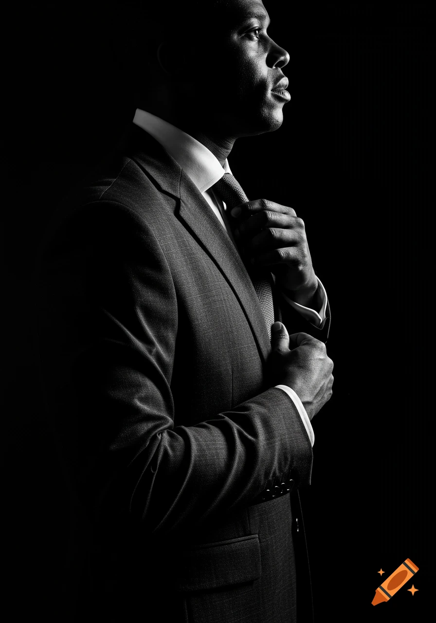 A black and white high-contrast portrait of a man in a suit adjusting his tie.