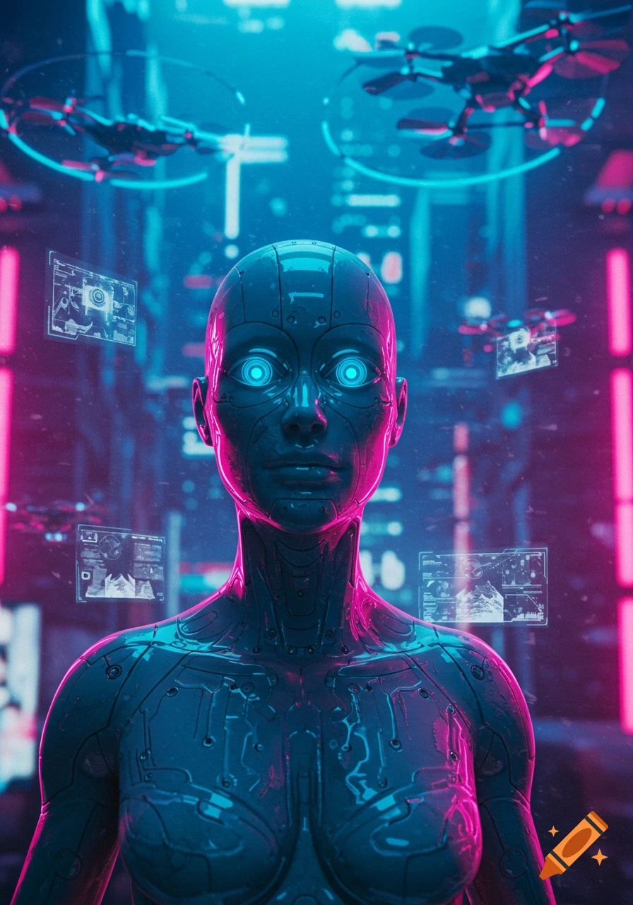 A close-up of a metallic android with glowing blue eyes, surrounded by floating holographic screens and drones in a neon-lit, futuristic city.